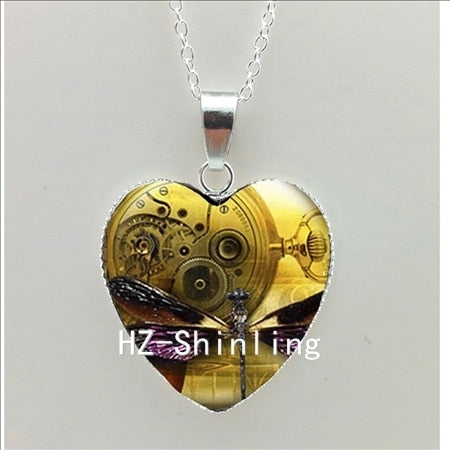 New Steampunk Dragonfly Heart Necklace